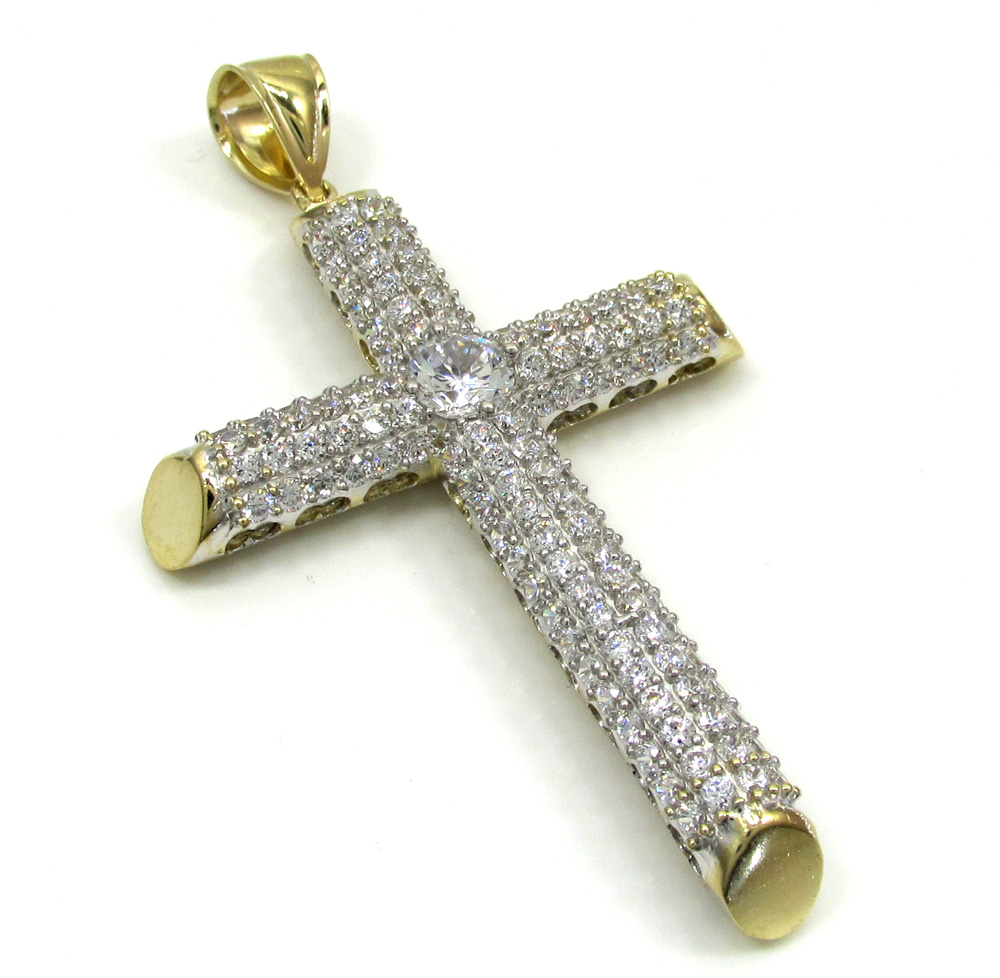 10k yellow gold large two tone tube cross pendant 1.6ct