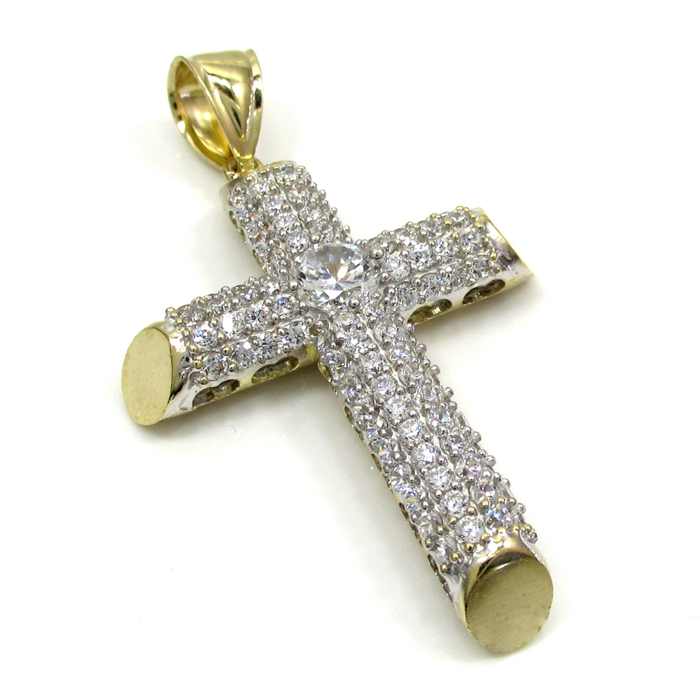 10k yellow gold medium two tone tube cross pendant 1.40ct