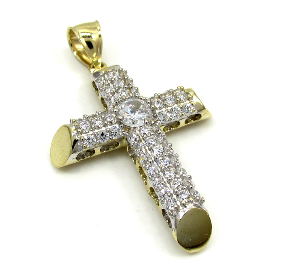 10k yellow gold small two tone tube cross pendant 1.2ct