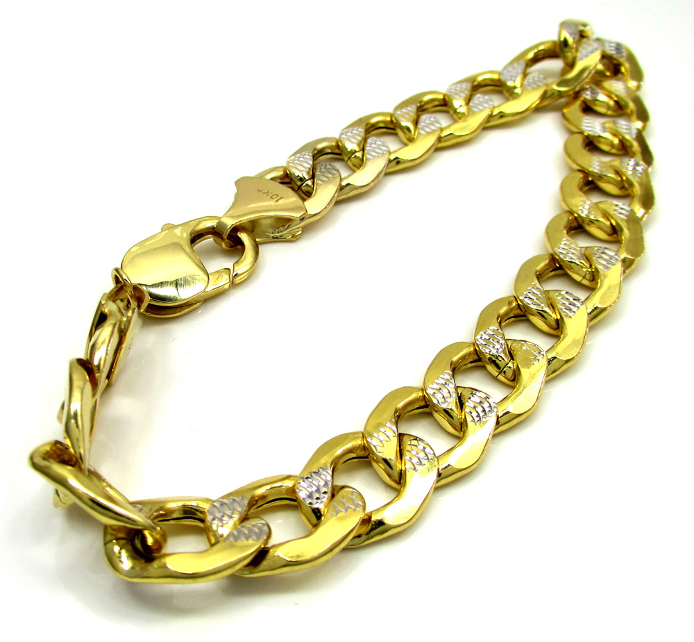 10k yellow gold thick diamond cut two tone cuban bracelet 9 inch 11mm