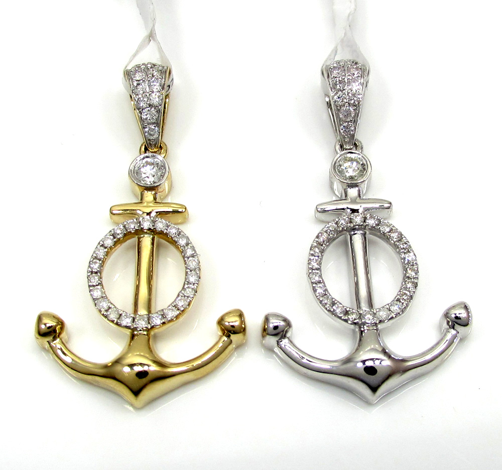 14k yellow and white gold diamond anchor pendant 0.36ct