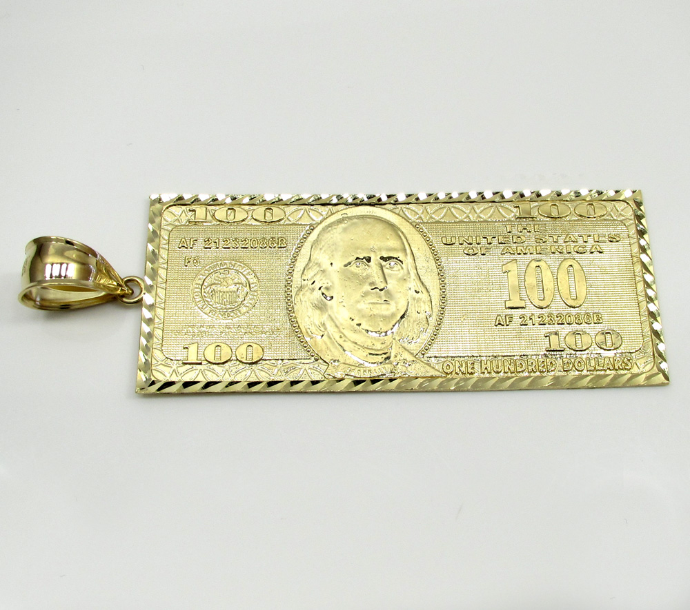 10k yellow gold large hundred dollar bill plate large pendant 