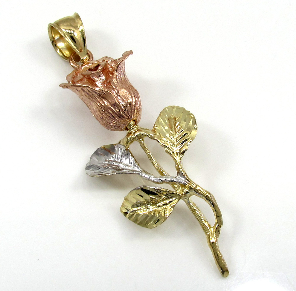 14k yellow gold medium three tone rose flower pendant 