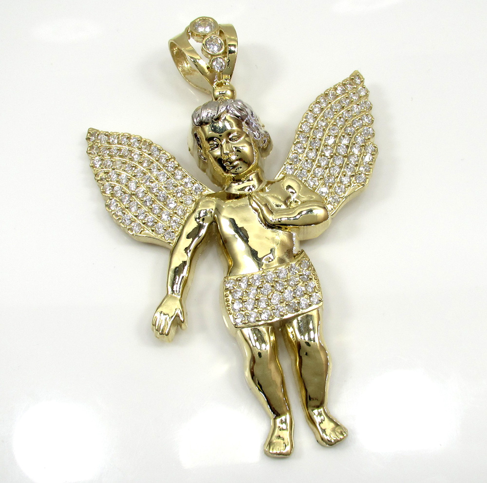10k yellow gold large angel baby cherub cz pendant 0.90ct