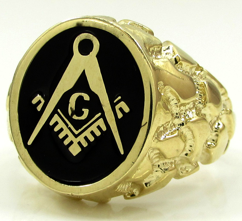  10k yellow gold black enamel free mason g nugget ring 