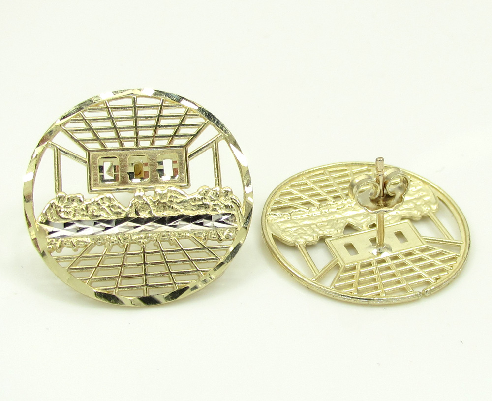 10k yellow gold two tone jesus apostles last supper round cage earrings