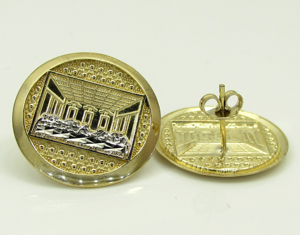 10k yellow gold two tone jesus apostles last supper round earrings