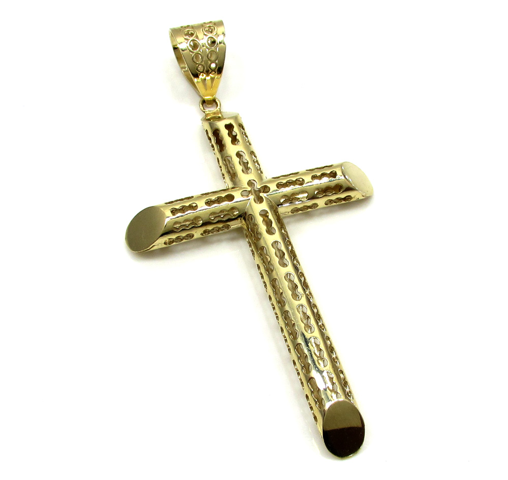 10k yellow gold medium carved out hollow tube cross