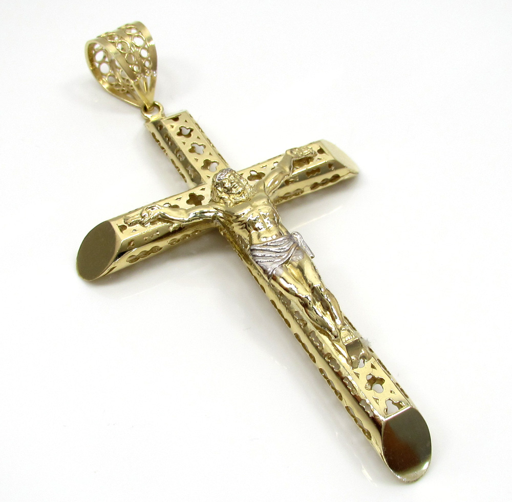 10k yellow gold large carved out hollow tube jesus cross