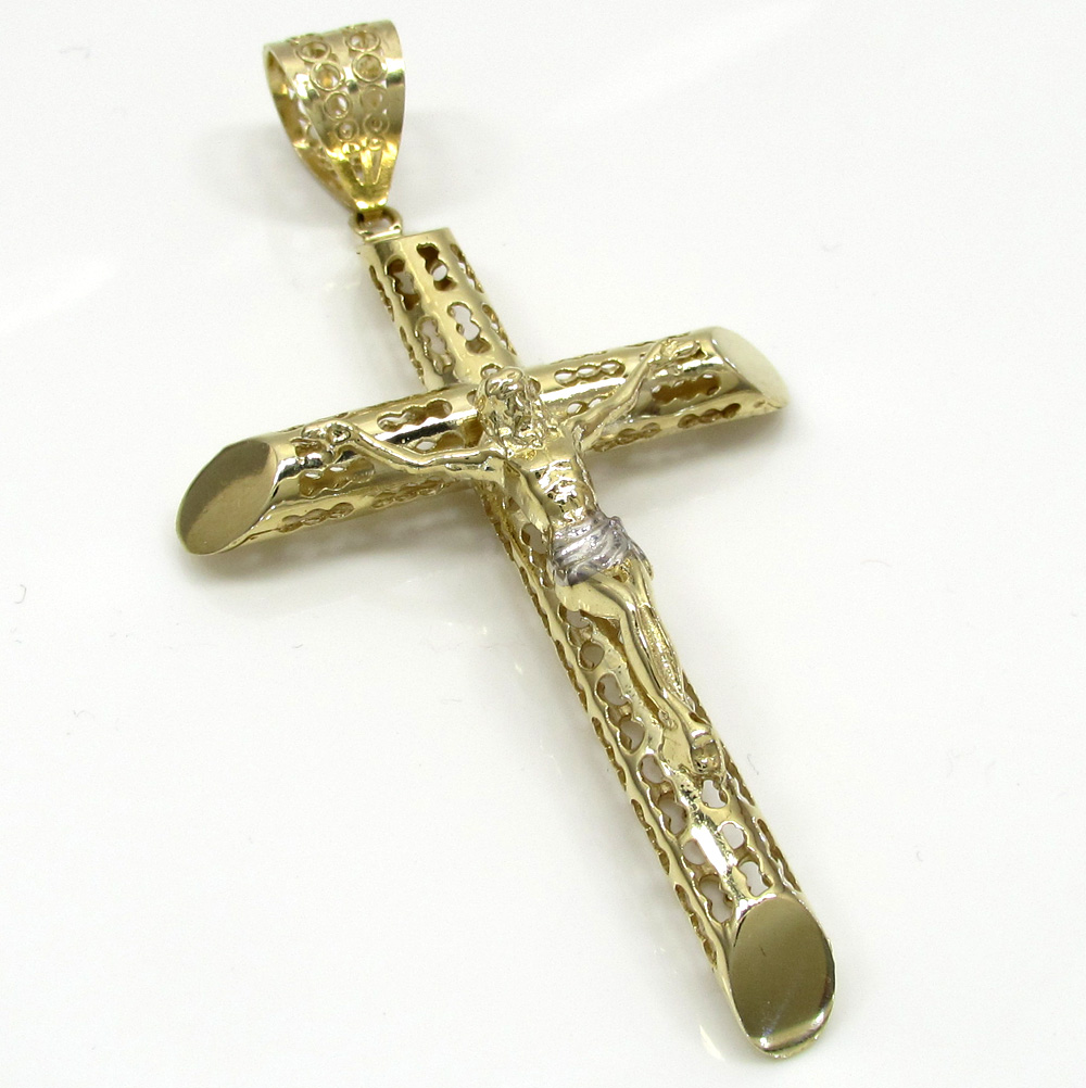 10k yellow gold large carved out hollow tube jesus cross