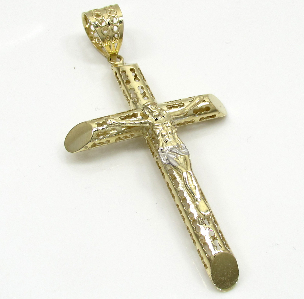 14K Real Yellow Gold Jesus Hollow Tube Cross Crucifix Charm Pendant 