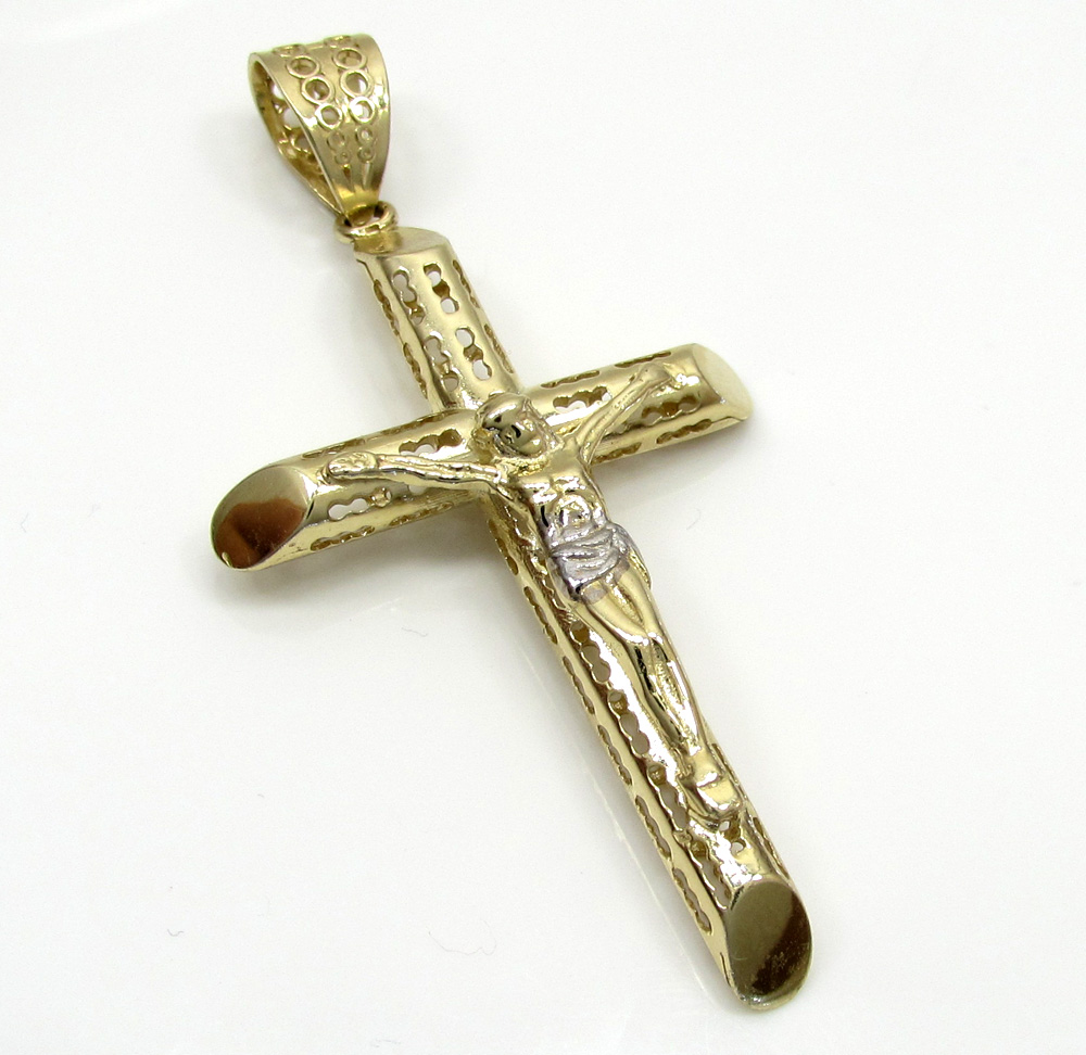 10k yellow gold small carved out hollow tube jesus cross