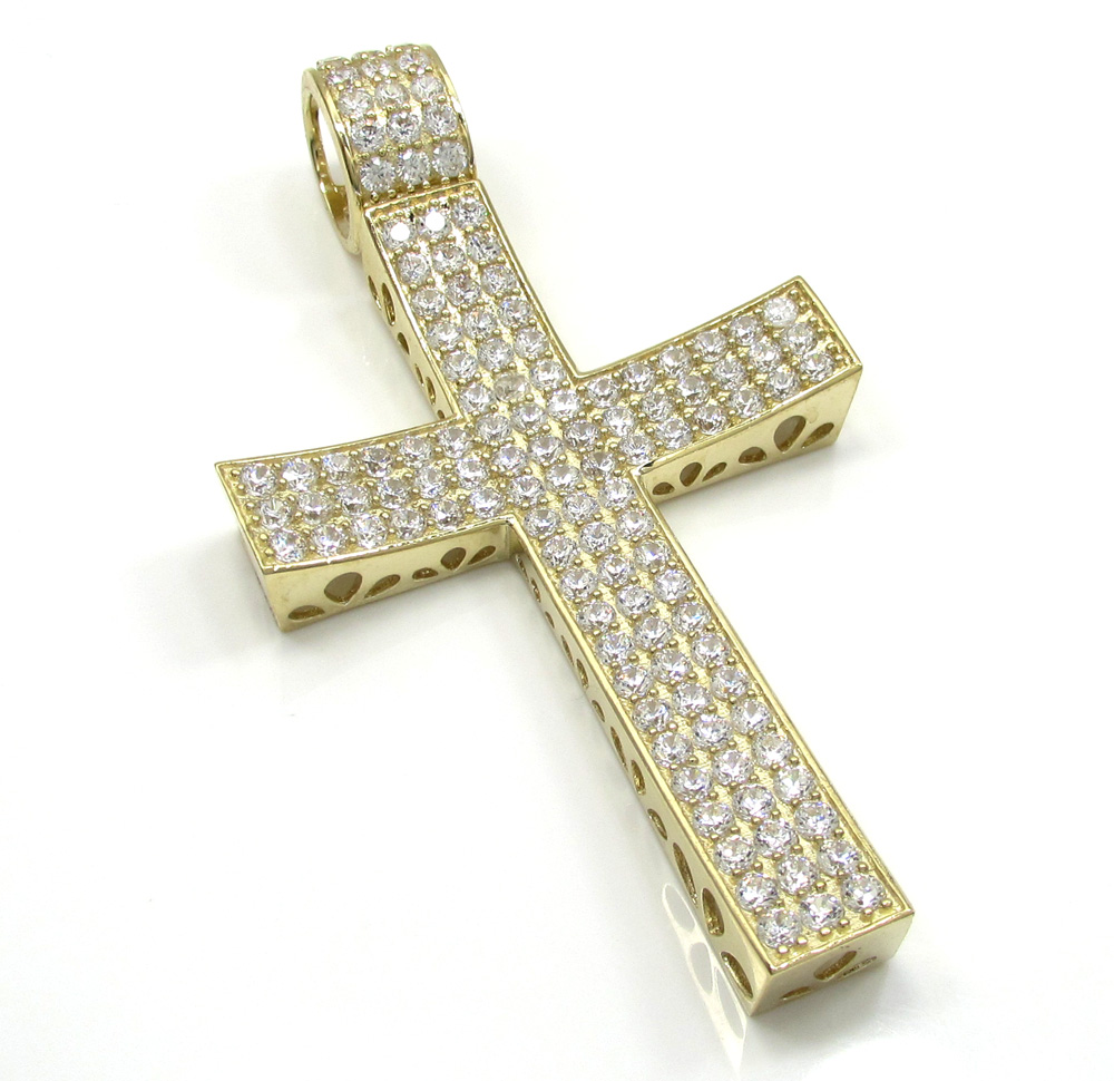 10k yellow gold large cz concave solid frame cross 4.00ct