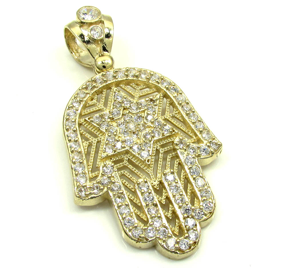 10k yellow gold cz star of david hamsa pendant 2.00ct