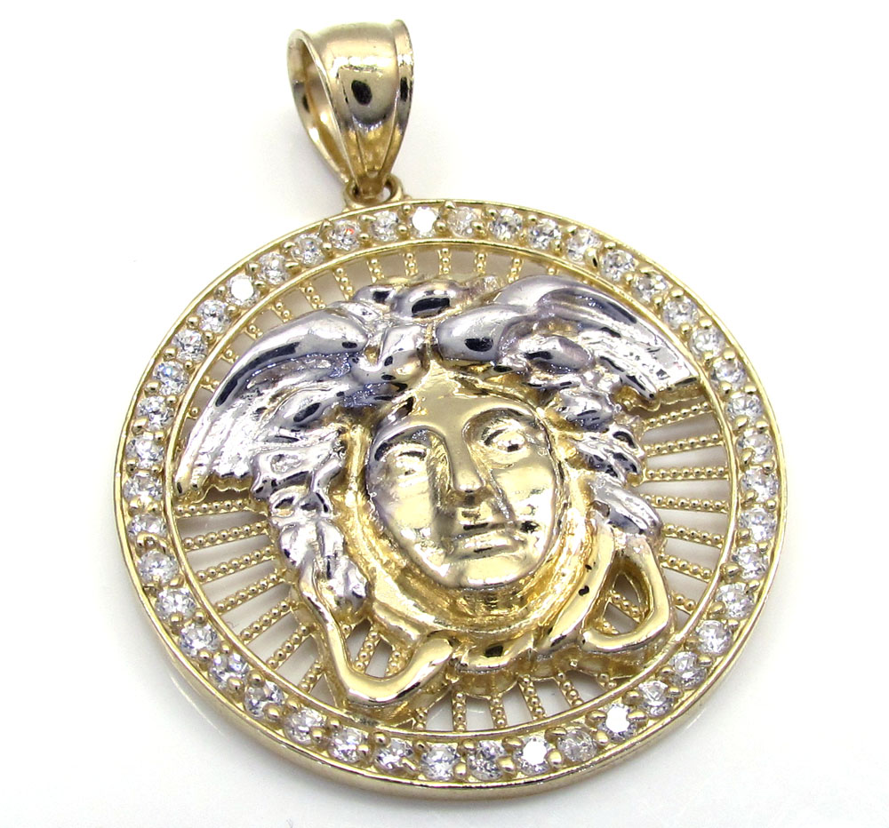 10k yellow gold small halo medusa head cz pendant