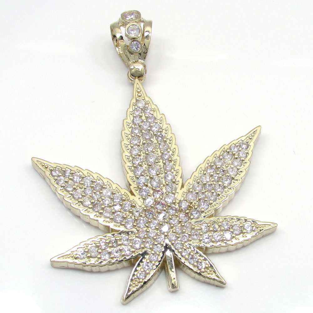 10k solid yellow gold large cz marijuana leaf pendant 3.25ct