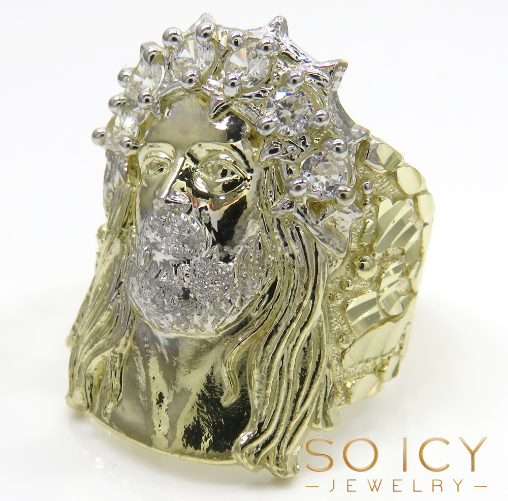 10k yellow gold two tone cz jesus face ring 0.30ct