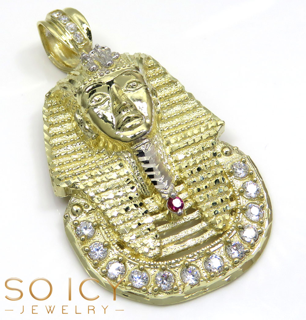 10k yellow gold large cz king tut pharaoh head pendant 0.70ct