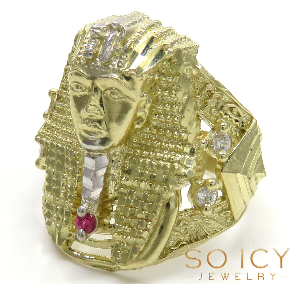 10k yellow gold large cz king tut pharaoh head ring 0.15ct  