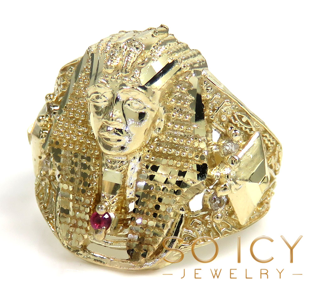 10k yellow gold medium cz king tut pharaoh head ring 0.10ct