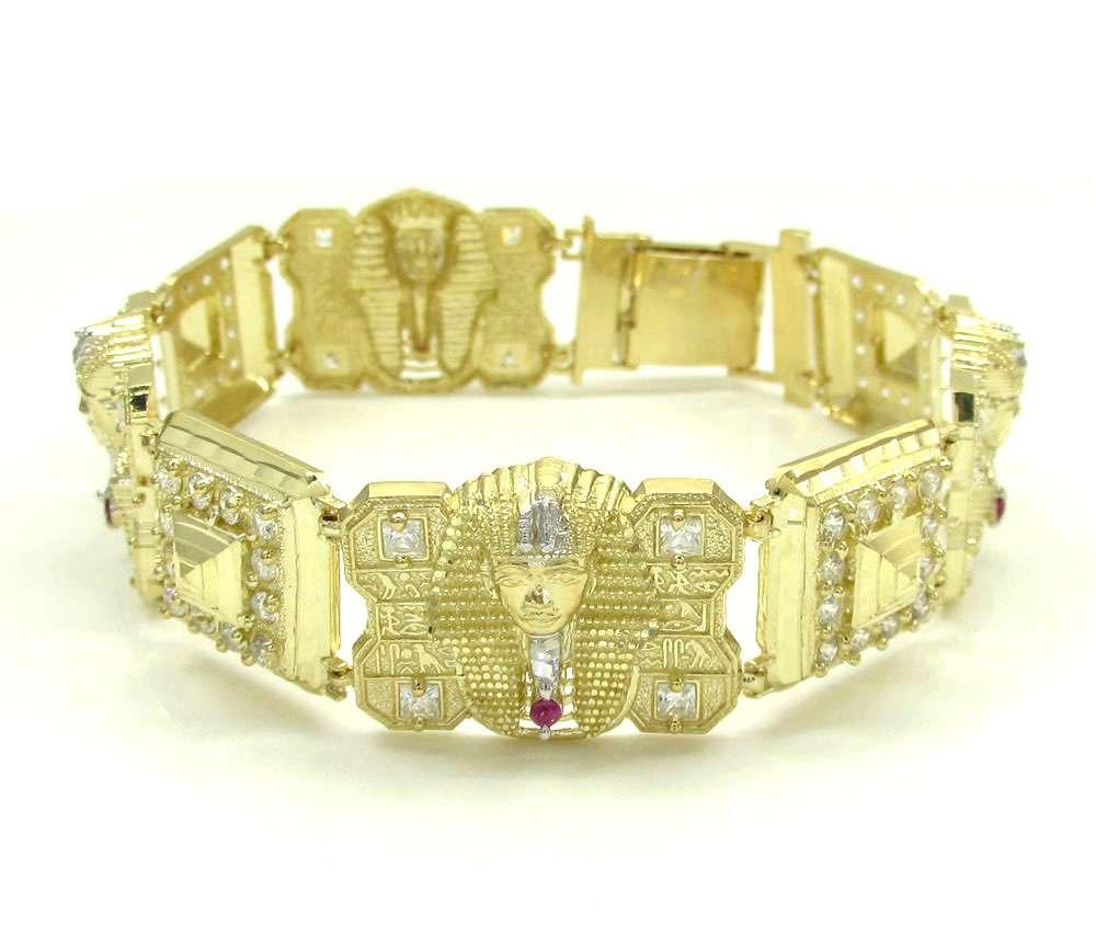 10k yellow gold cz king tut pharaoh head bracelet 8.50 inches 3.75ct