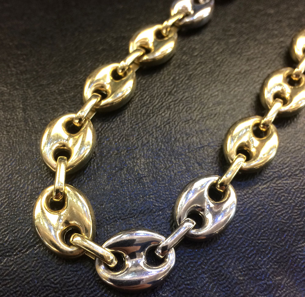 14k two tone gold gucci puff link chain 26 inches 14mm