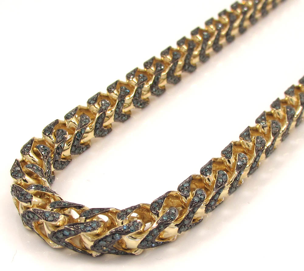 10k solid yellow gold fully iced blue diamond franco chain 26 inch 6mm 11.96ct