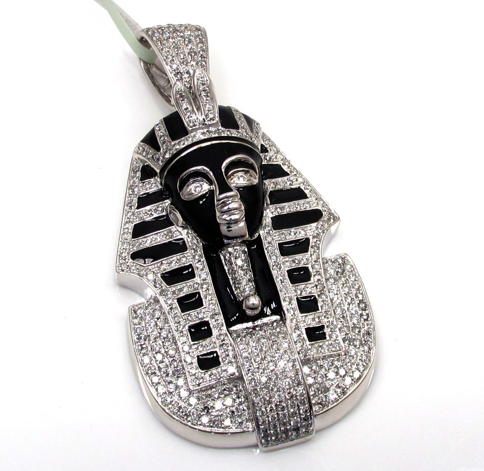 10k white gold black enamel king tut pharaoh pendant 2.54ct