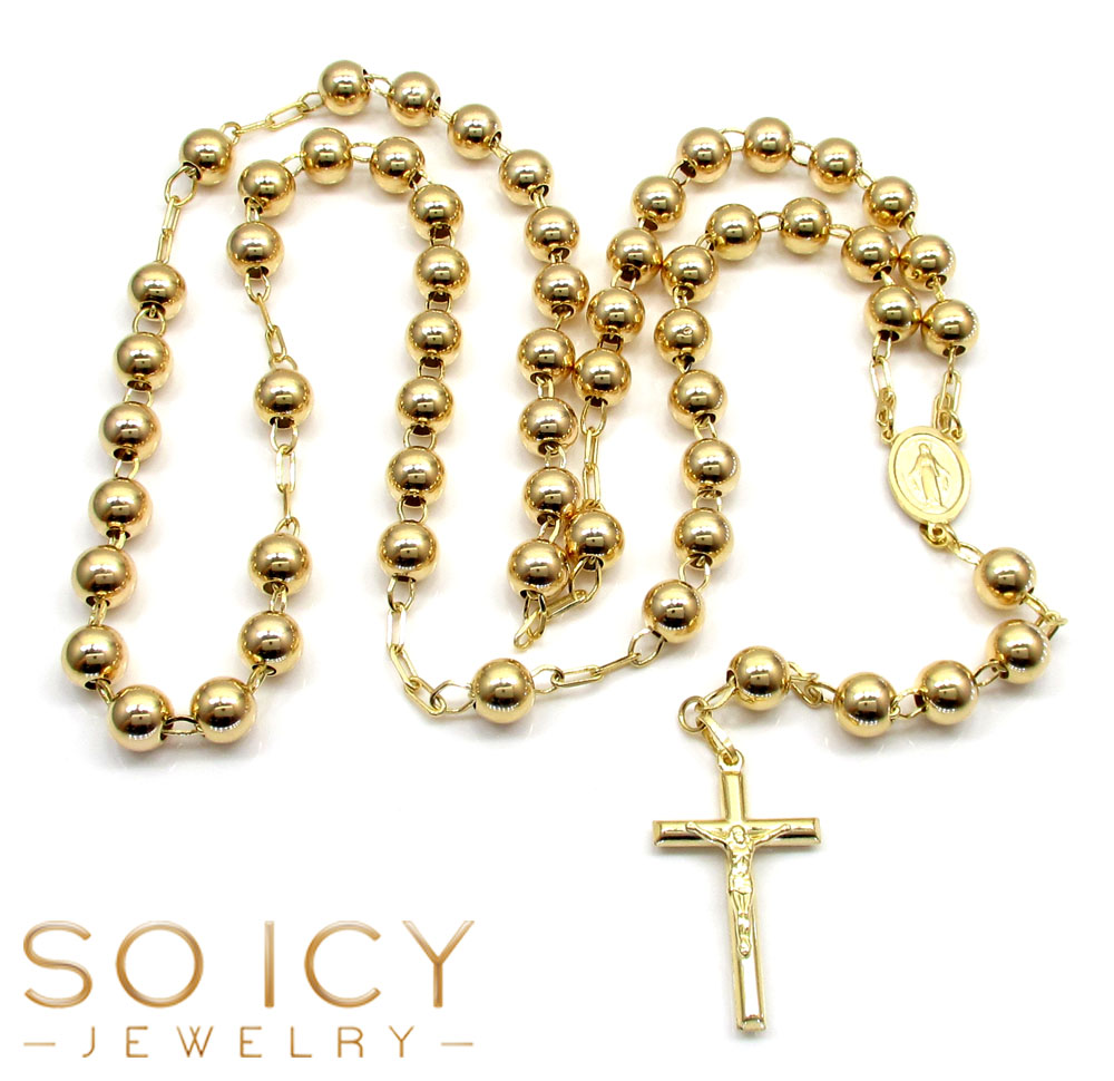 10k yellow gold smooth bead large rosary chain 30 inch 8mm 
