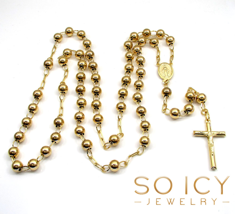 10k yellow gold smooth bead medium rosary chain 30 inch 7mm 