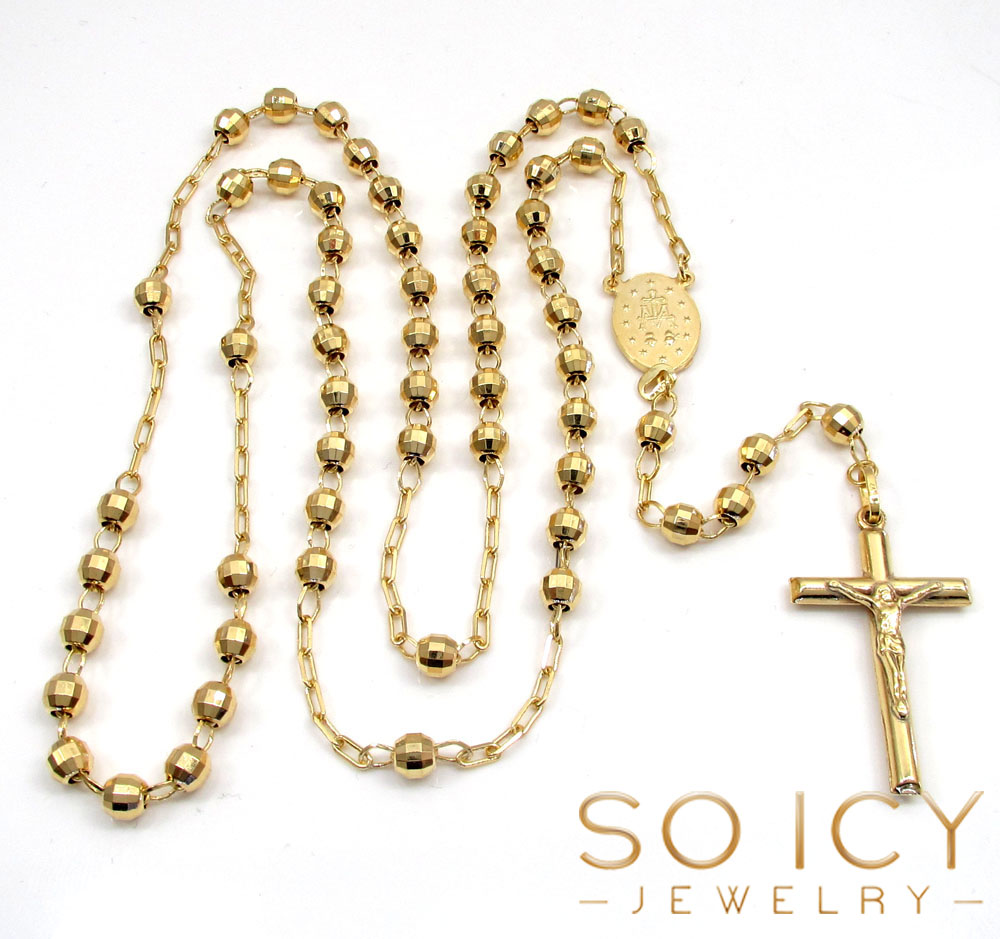 10k yellow gold hexagon ball bead rosary chain 26 inch 4.6mm 