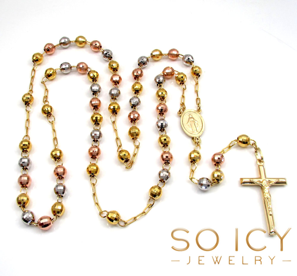 10k yellow gold tri tone disco ball medium bead rosary chain 26 inch 5.8mm 