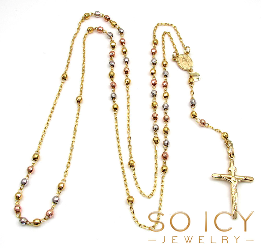 10k yellow gold tri tone disco ball skinny bead rosary chain 26 inch 2.8mm 