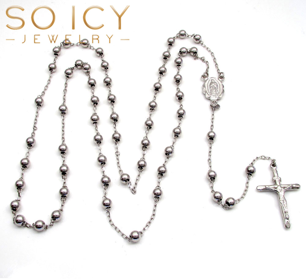 10k white gold smooth bead rosary chain 26 inch 4mm 