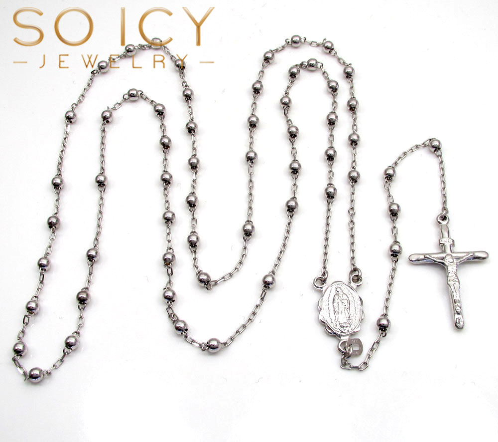 10k white gold smooth bead skinny rosary chain 26 inch 3mm 