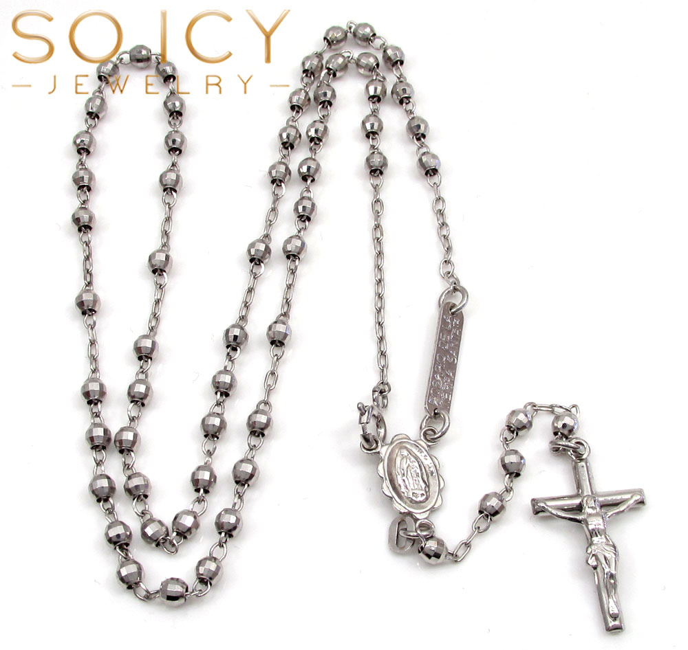 10k white gold disco bead womens rosary chain 16