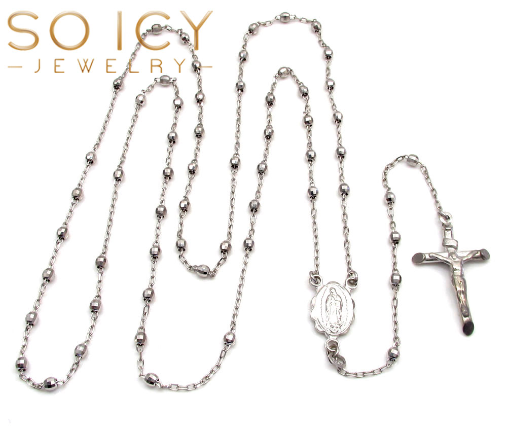 10k white gold diamond cut disco bead super skinny rosary chain 28 inch 2.6mm 