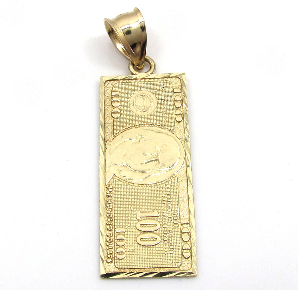 10k yellow gold diamond cut one hundred dollar bill pendant
