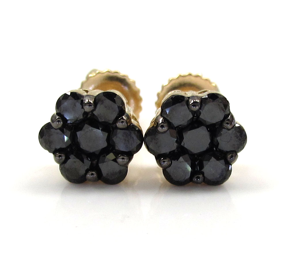 14k yellow gold black diamond 6mm cluster medium earrings 0.75ct 