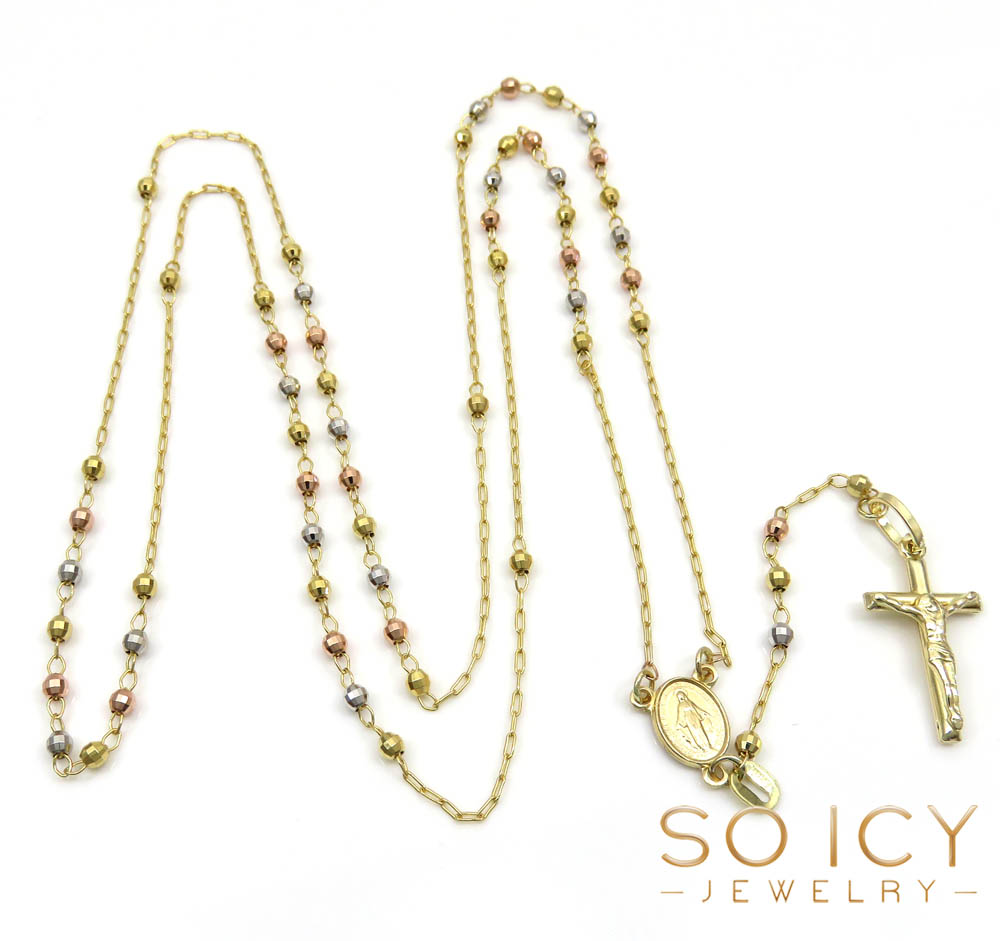 10k yellow gold tri tone disco ball skinny bead rosary chain 26 inch 2.4mm 