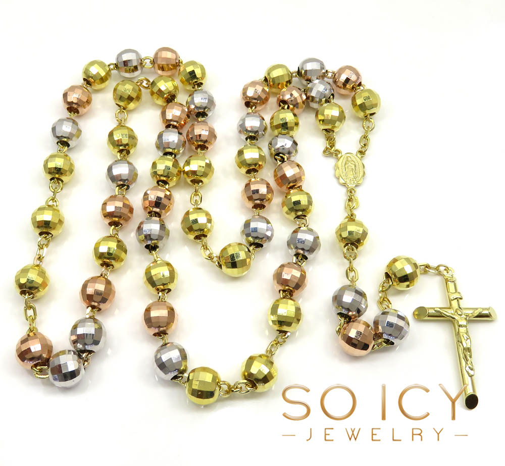 10k yellow gold tri tone large disco ball bead rosary chain 30 inch 9.8mm 