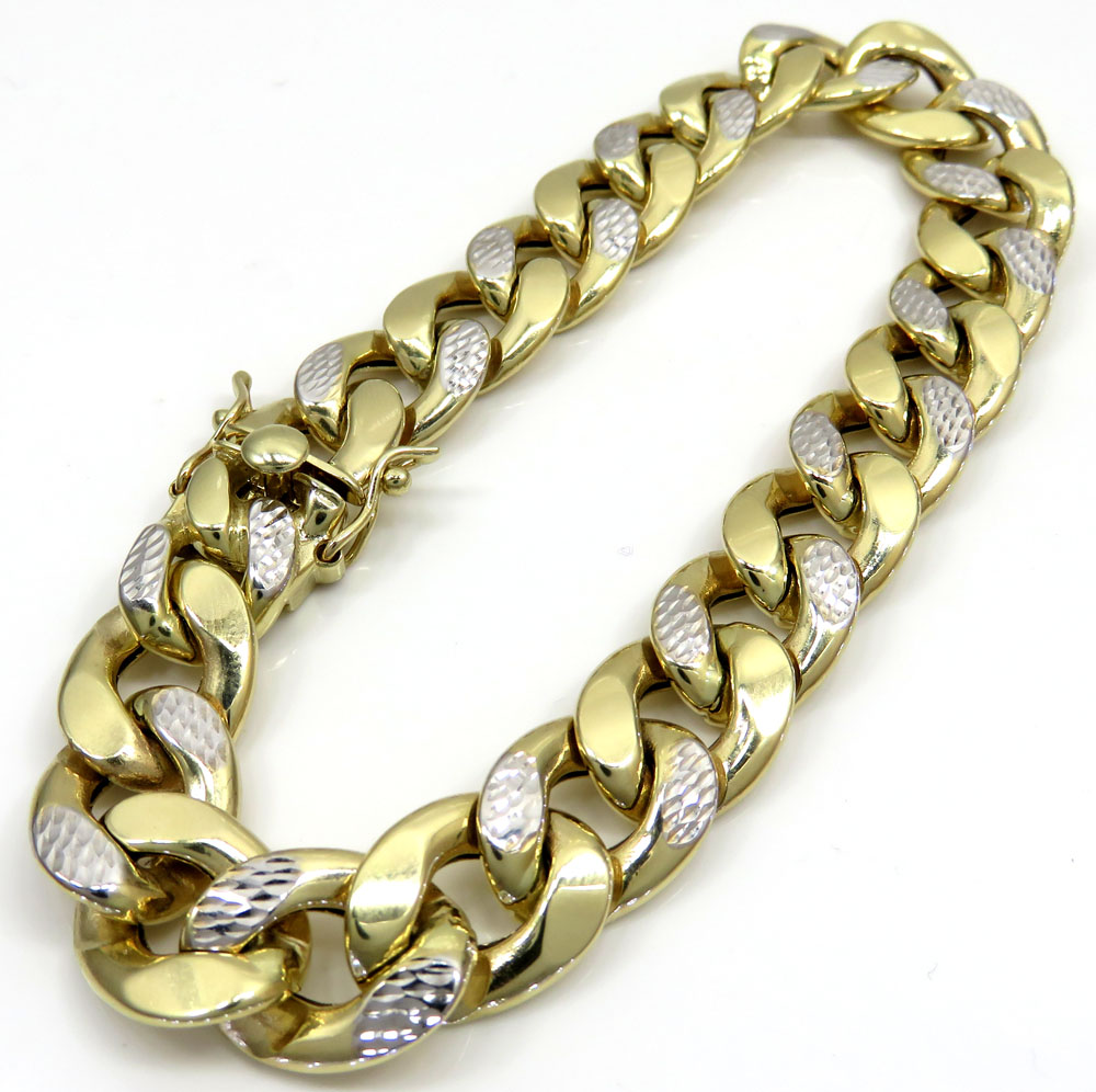 10k yellow gold one sided diamond cut two tone cuban bracelet 9 inch 12.50mm