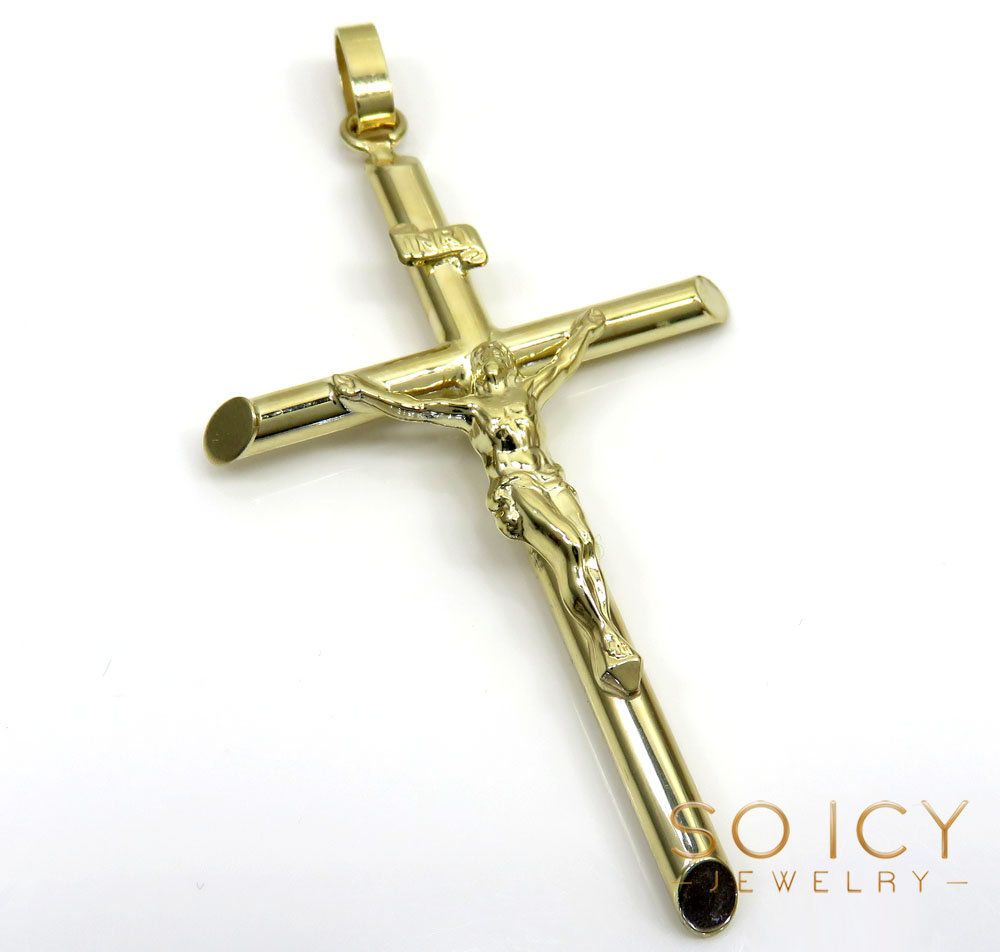 14k yellow gold extra large jesus tube cross pendant 