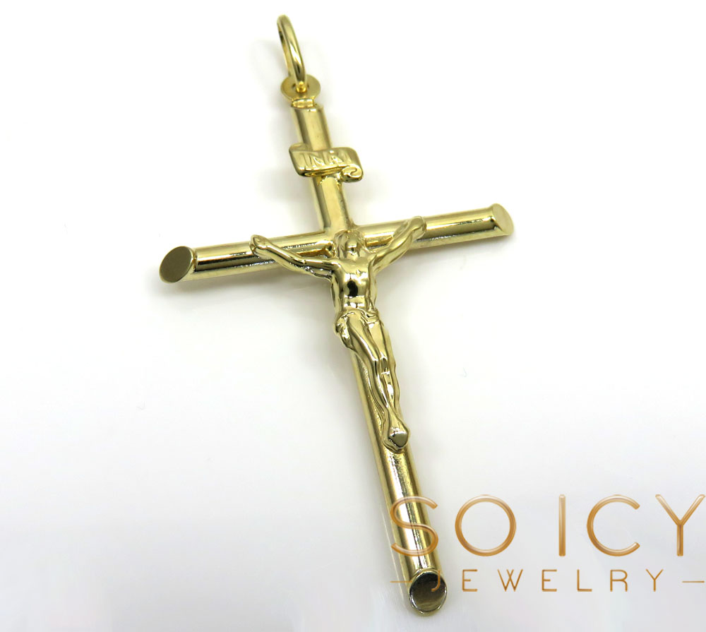14k yellow gold large jesus tube cross pendant 
