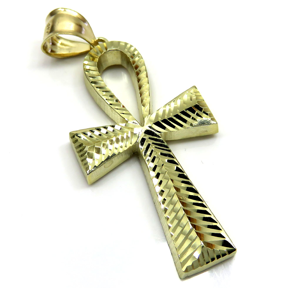 10k yellow gold large diamond cut fancy ankh cross 