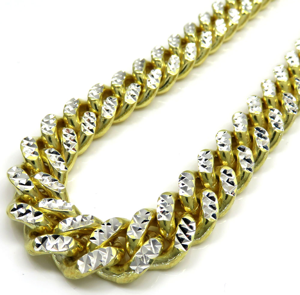925 yellow sterling silver two sided diamond cut miami chain 32-36 inch 10.5mm