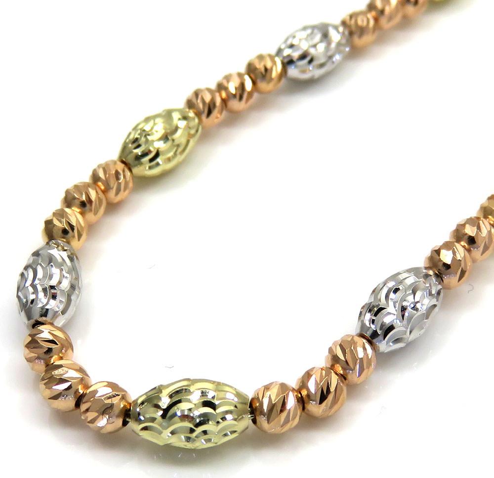 14k tri color diamond cut bead oval chain 16-30 inch 4mm
