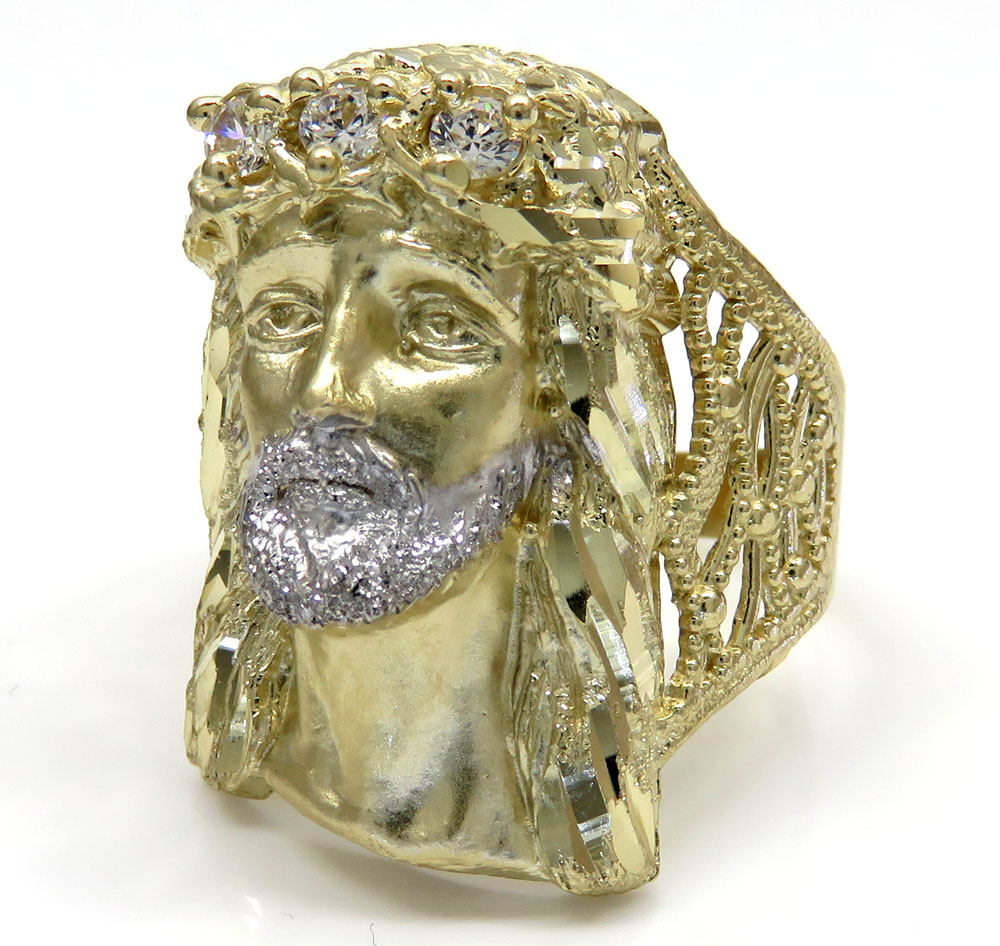 10k yellow gold two tone cz long face jesus ring 0.15ct