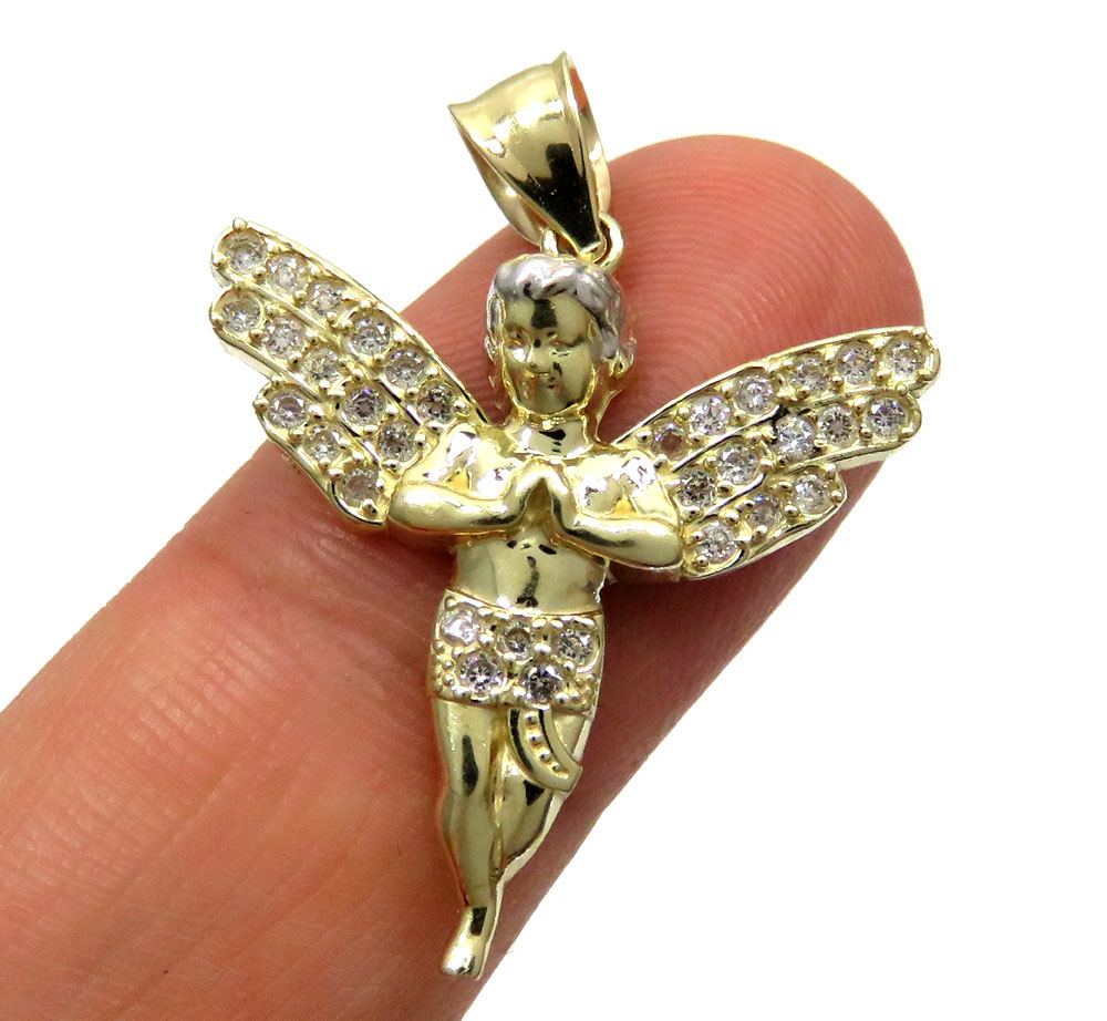 10k yellow gold small cz praying baby cherub angel pendant 1.00ct