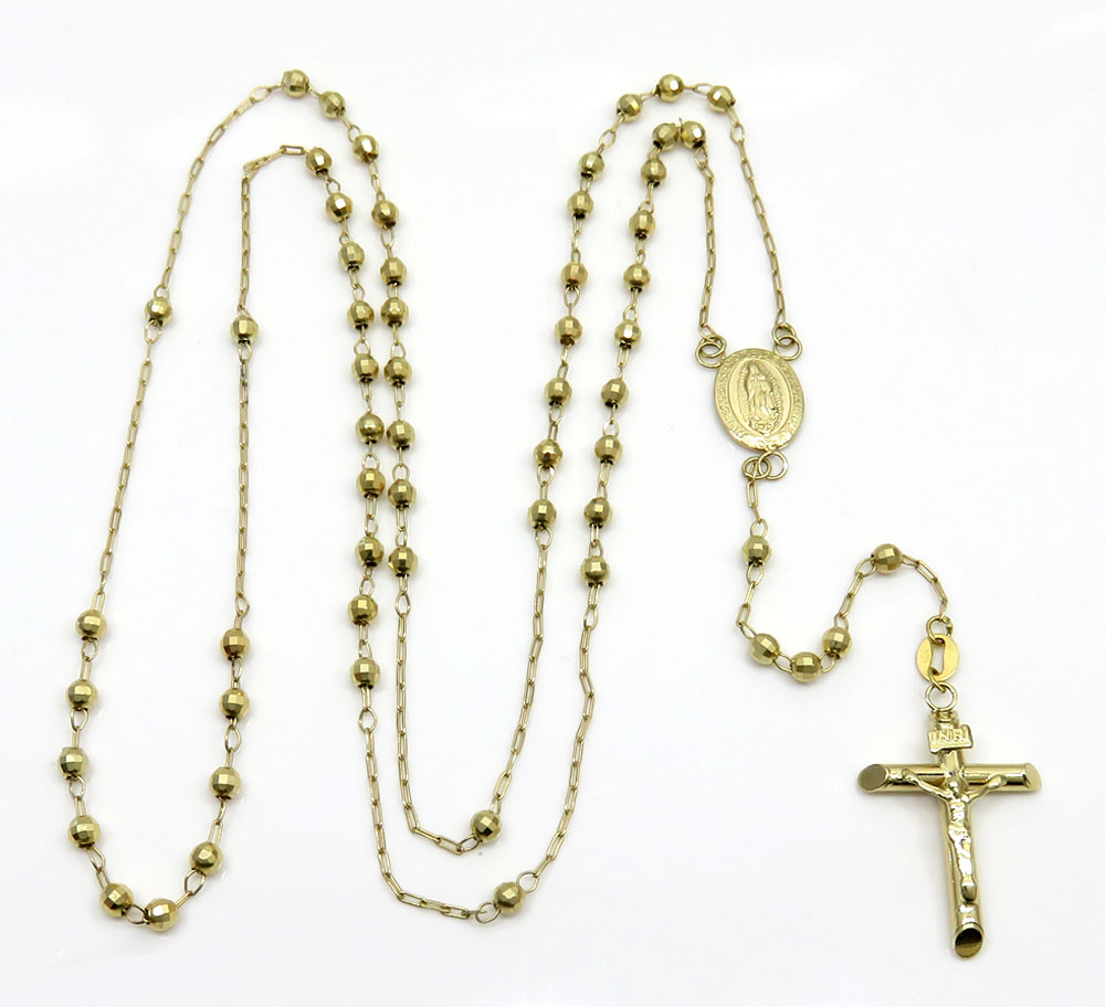 14k yellow gold diamond cut bead rosary chain 26 inch 3mm